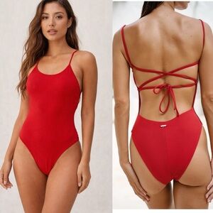 NWT BERLOOK Red Ribbed Cross Back One-Piece Swimsuit